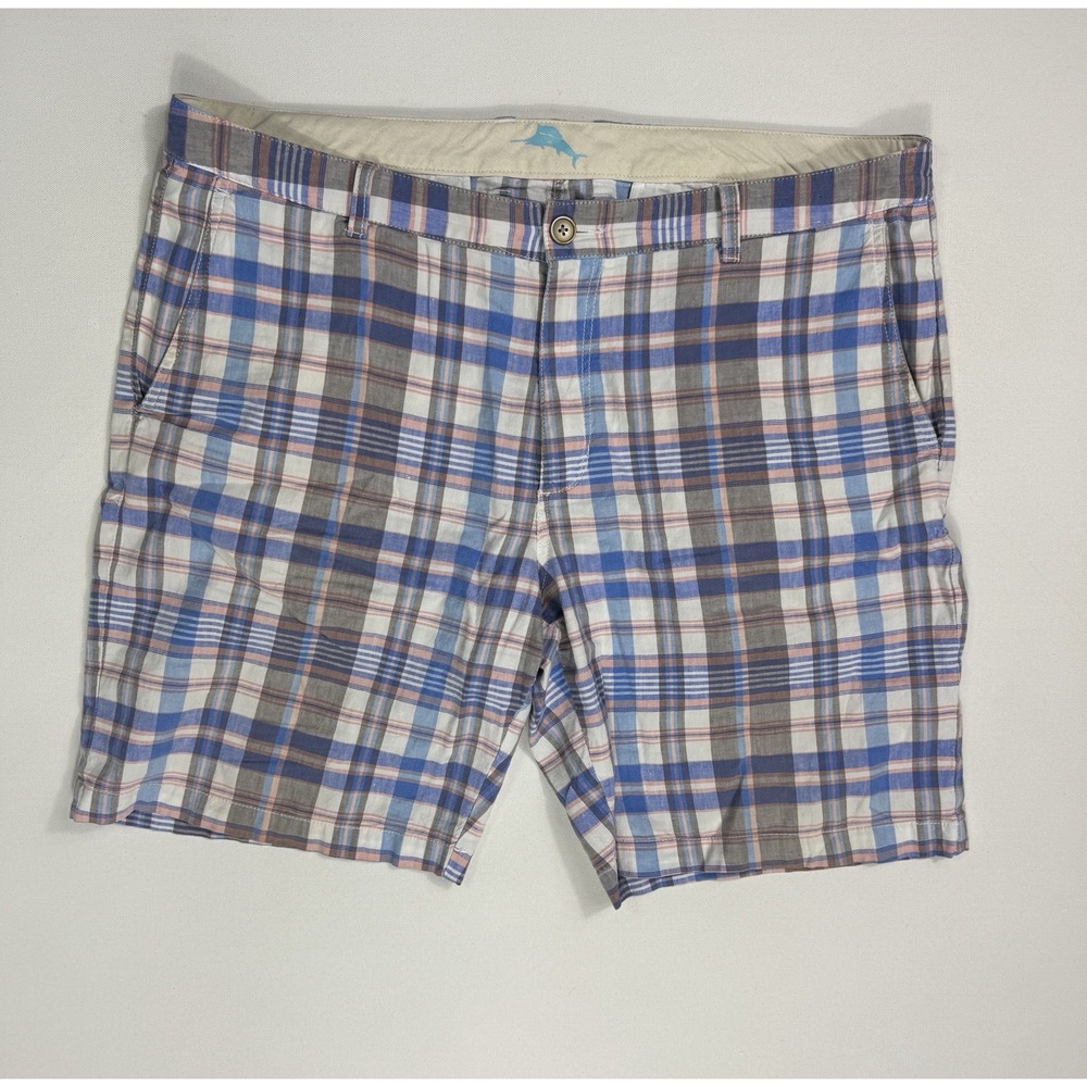 Tommy Bahama Mens 38 (40x10) Linen Stretch Plaid Shorts Pink Blue Modern Beach
